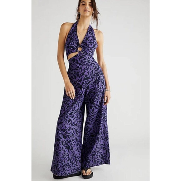 Free People Pants - Free People Kira Jumpsuit Size Small Halter Wide Leg Black Purple